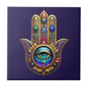 Azulejo De Cerâmica Cores de Pavão Dourado Hamsa Safira Terceiro Olho