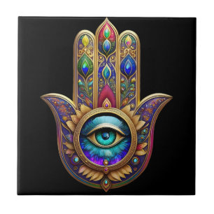 Azulejo De Cerâmica Cores de Pavão Dourado Hamsa Safira Verde Terceiro
