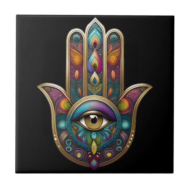 Azulejo De Cerâmica Cores de Pavão Hamsa com Terceiro Olho Dourado (Frente)