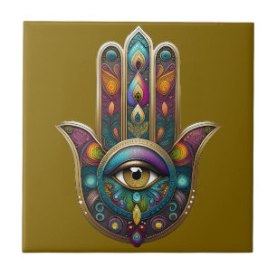 Azulejo De Cerâmica Cores de Pavão Hamsa com Terceiro Olho Dourado