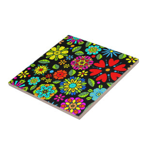 Azulejo De Cerâmica Cores Neon Em Preto Padrão Floral Retro Contínuo