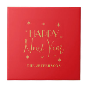 Azulejo De Cerâmica Cores Vermelho e Dourado Feliz Natal Nome da Famíl