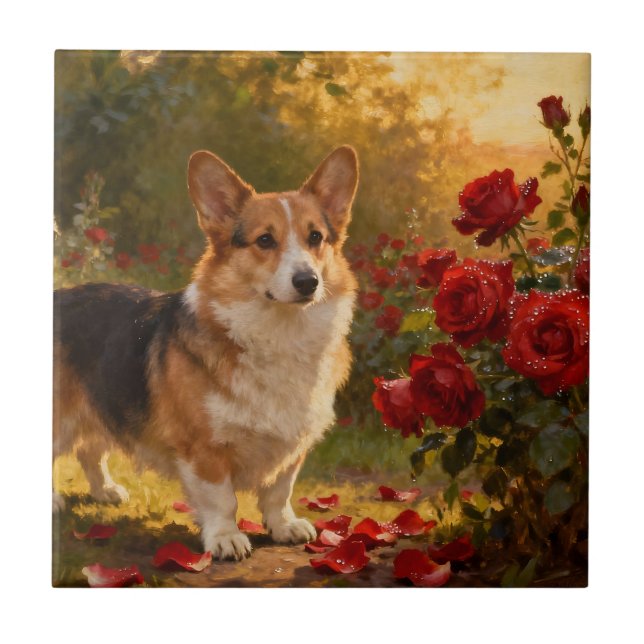 Azulejo De Cerâmica Corgi nas Rosas V (Frente)