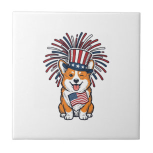 Azulejo De Cerâmica Corgi Patriótico Fogos de Artifício Cão Desenho Ve