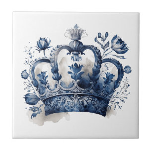 Azulejo De Cerâmica Coroa azul e branca do estilo Delft com flores