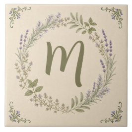 Azulejo De Cerâmica Coroa de Jardim de Ervas com Monograma de Lavanda 