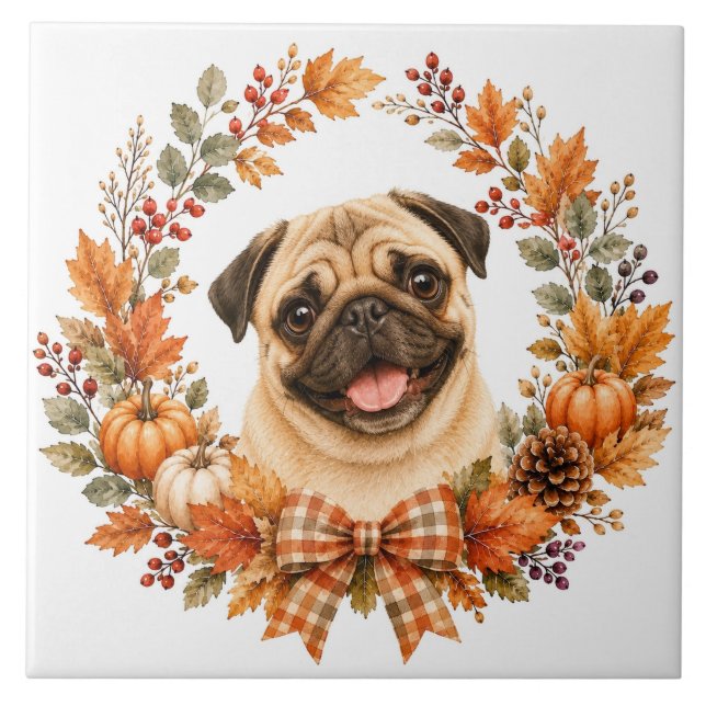 Azulejo De Cerâmica Coroa de Outono Pug (Frente)