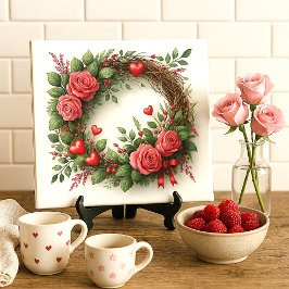 Azulejo De Cerâmica Coroa de Rosa Rosa Romântica com Corações Vermelho