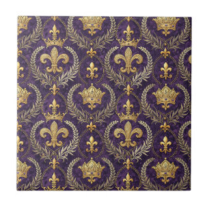 Azulejo De Cerâmica Coroa Dourada Fleur-de-lis Estampa de Padrão Roxo