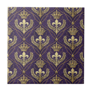 Azulejo De Cerâmica Coroa Dourada Fleur-de-lis Real Padrão Arte Roxa