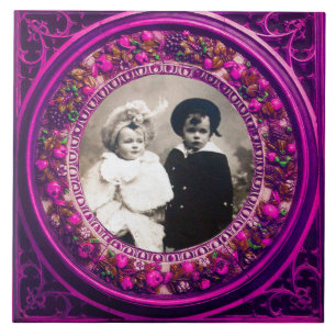 AZULEJO DE CERÂMICA  COROA FLORAL ROSA COM FRUTAS DO RENASCIMENTO FLORE