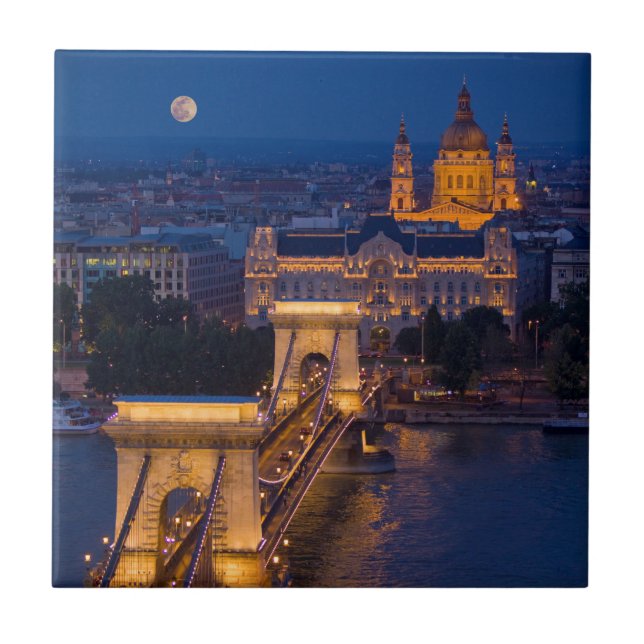 Azulejo De Cerâmica Corrente Ponte e Lua Cheia à Noite (Frente)