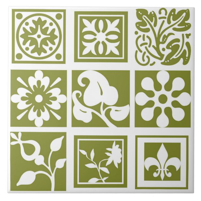Azulejo De Cerâmica Correspondência floral moderna, branca, verde-oliv (Frente)