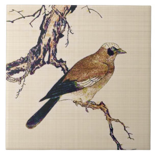 Azulejo De Cerâmica Corte japonês de um finch, Brown e Beige
