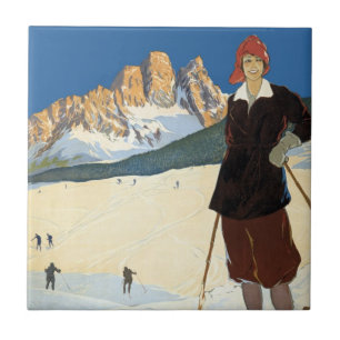 Azulejo De Cerâmica Cortina d'Ampezzo, Itália, Esqui Vintage Viagens A