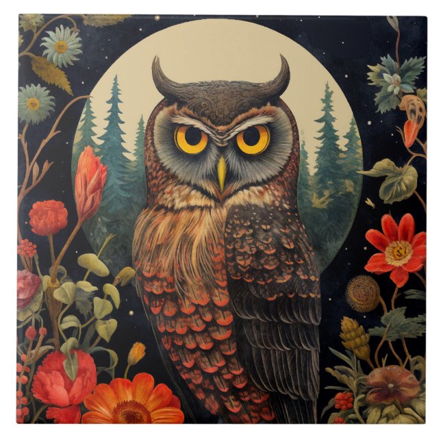 Azulejo De Cerâmica Coruja à Noite com Lua Cheia (Frente)