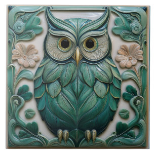 Azulejo De Cerâmica Coruja Art Nouveau verde-água com relevo falso