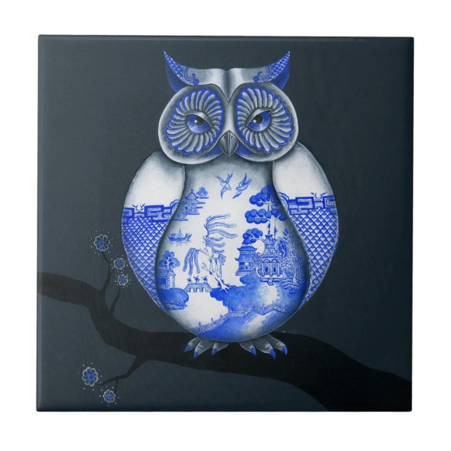 Azulejo De Cerâmica Coruja azul do salgueiro (Frente)