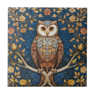 Azulejo De Cerâmica Coruja em uma galeria azul de fundo art nouveau