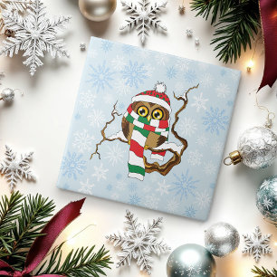 Azulejo De Cerâmica Coruja Floco de Neve de Natal