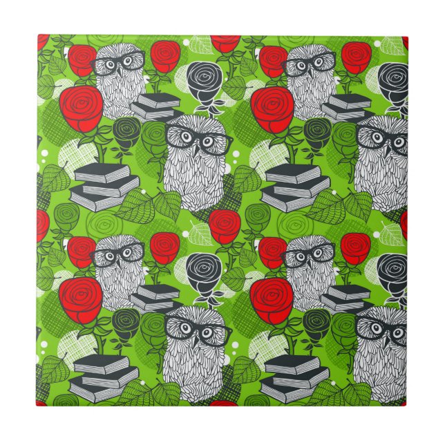 Azulejo De Cerâmica Coruja nas rosas vermelhas (Frente)