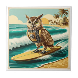 Azulejo De Cerâmica Coruja-robô venenosa surfando na praia