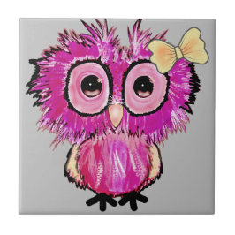 Azulejo De Cerâmica Coruja rosa-branca com arco de fita