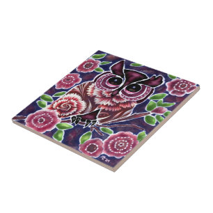 Azulejo De Cerâmica Coruja Whimsical na ramificação Flor Azul Rosa