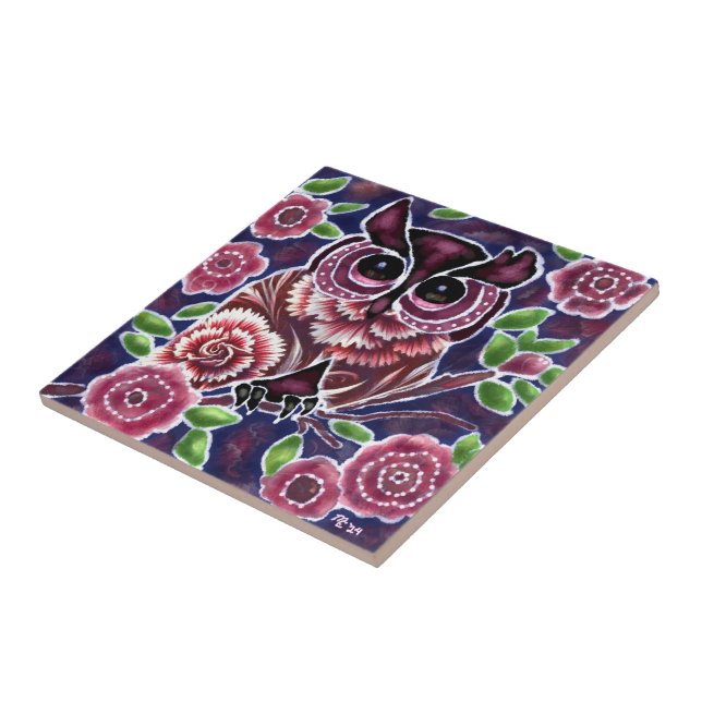 Azulejo De Cerâmica Coruja Whimsical na ramificação Flor Azul Rosa (Lateral)