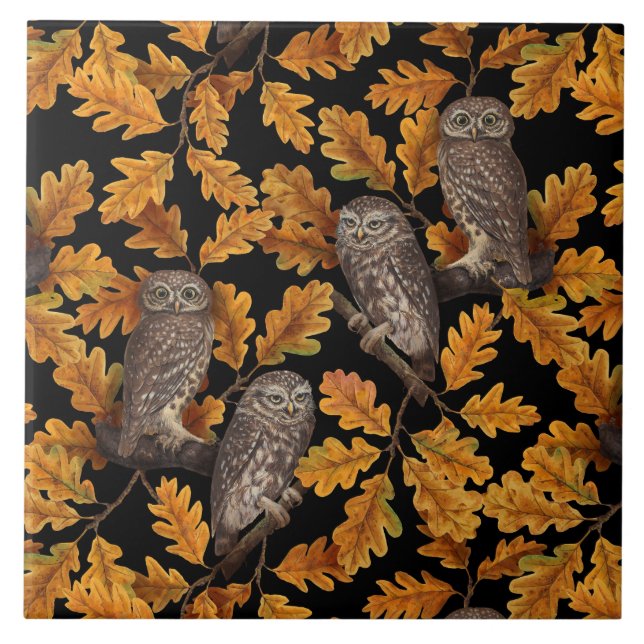 Azulejo De Cerâmica Corujas de outono em preto (Frente)