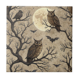 Azulejo De Cerâmica Corujas e Lua do Halloween Vintage
