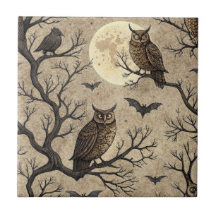 Azulejo De Cerâmica Corujas e Lua do Halloween Vintage