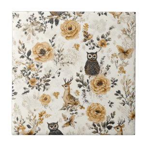 Azulejo De Cerâmica Corujas Vintage & Padrão Botânico Floral (3)