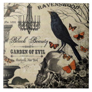 Azulejo De Cerâmica corvo e crânio modernos do Dia das Bruxas do