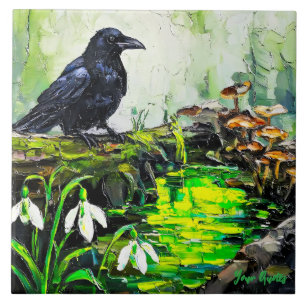 Azulejo De Cerâmica Corvo Preto e Pintura a Óleo do Rio da Floresta Br