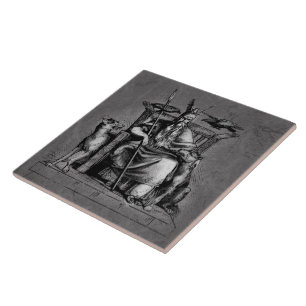 Azulejo De Cerâmica Corvos de Odin em seu trono de pedra mitologia vik