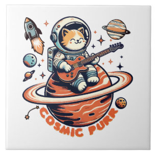 Azulejo De Cerâmica Cosmic Purr - Gato Guitarrista Astro