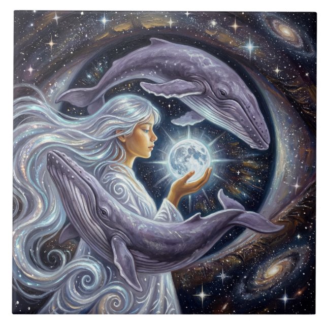 Azulejo De Cerâmica Cosmic Whale & Girl Photo Tile (Frente)