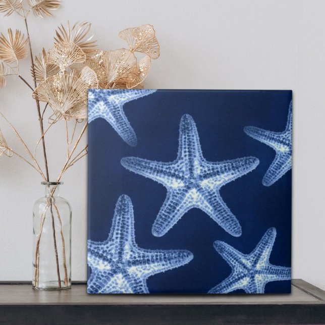 Azulejo De Cerâmica costa chic Beach — peixe-estrela azul-marinho (coastal chic beach rustic nautical blue starfish tile)