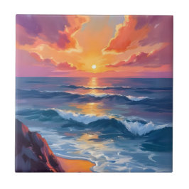Azulejo De Cerâmica Costa Dourada | Pintura em Aquarela do Pôr do Sol 