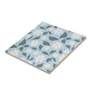 Azulejo De Cerâmica Cottagecore Céu Azul e Branco Floral de Margarida