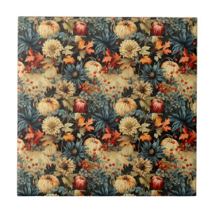 Azulejo De Cerâmica Cottagecore Escuro Floral de Outono e Abóbora