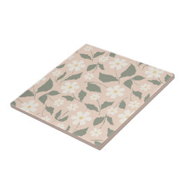 Azulejo De Cerâmica Cottagecore Rosa & Branco Floral Botânico de Marga