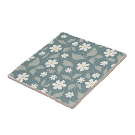 Azulejo De Cerâmica Cottagecore Verde Teal, Sage e Flor de Margarida B