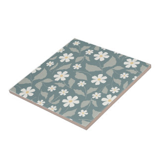 Azulejo De Cerâmica Cottagecore Verde Teal, Sage e Flor de Margarida B