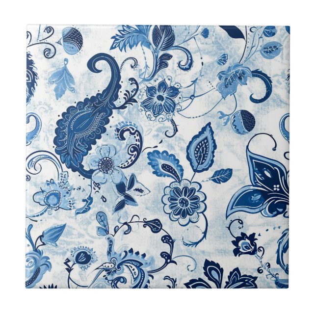 Azulejo De Cerâmica Country Farmhouse Blue and White Paisley (Frente)