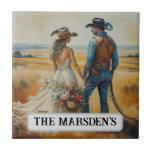 Azulejo De Cerâmica Country Western Wedding Watercolor<br><div class="desc">Country Western Wedding Watercolor, Azulejo cerâmico. Pintura romântica de recém-casados em um cenário rústico, devotada a começar suas vidas juntos. Esta imagem foi feita em parte pela AI. Parece um trabalho de arte de aquarela feito à mão. Faz um presente de excelente para o cowboy e a cowgirl recém-casados. Basta...</div>