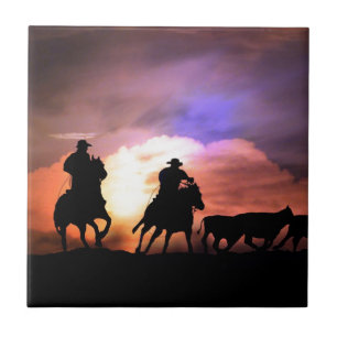 Azulejo De Cerâmica Cowboy cercado/ dirigir gado