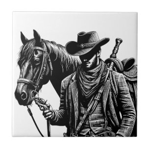 Azulejo De Cerâmica Cowboy com ilustração equina arte ocidental