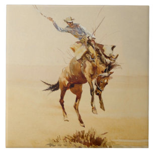 Azulejo De Cerâmica Cowboy em um Cavalo Empinando #2 por Edward Borein